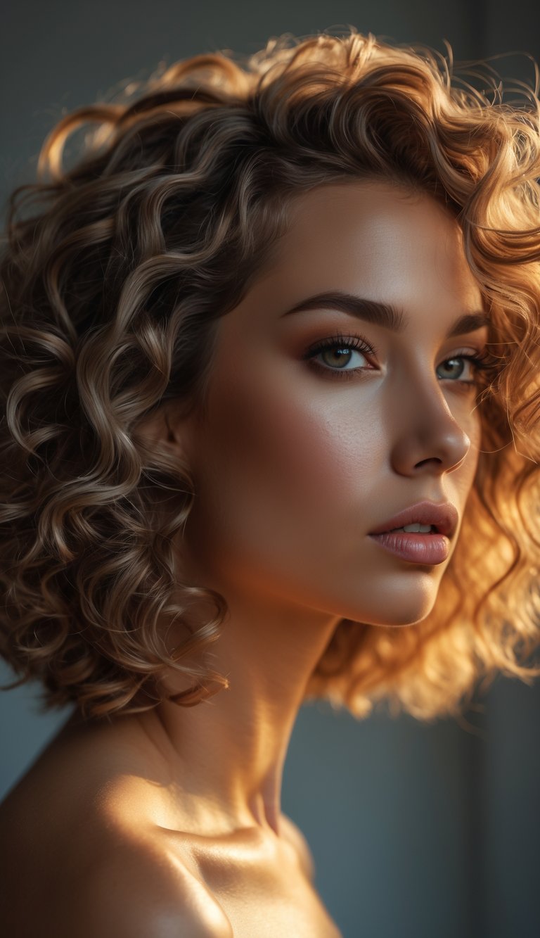 Portrait of a woman with curly hair looking directly at the camera against a blurred background.