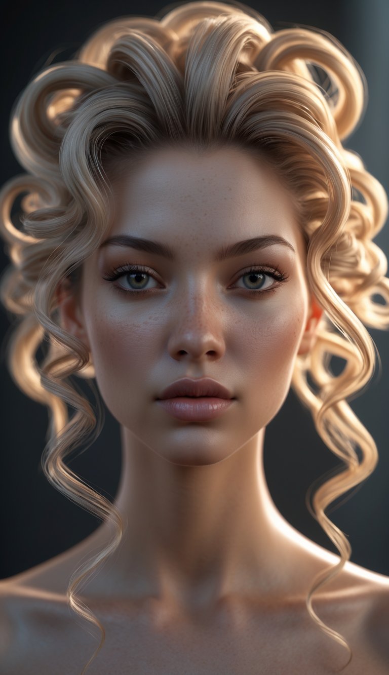 Portrait of a woman with loose spiral curls looking directly at the camera against a softly blurred background.