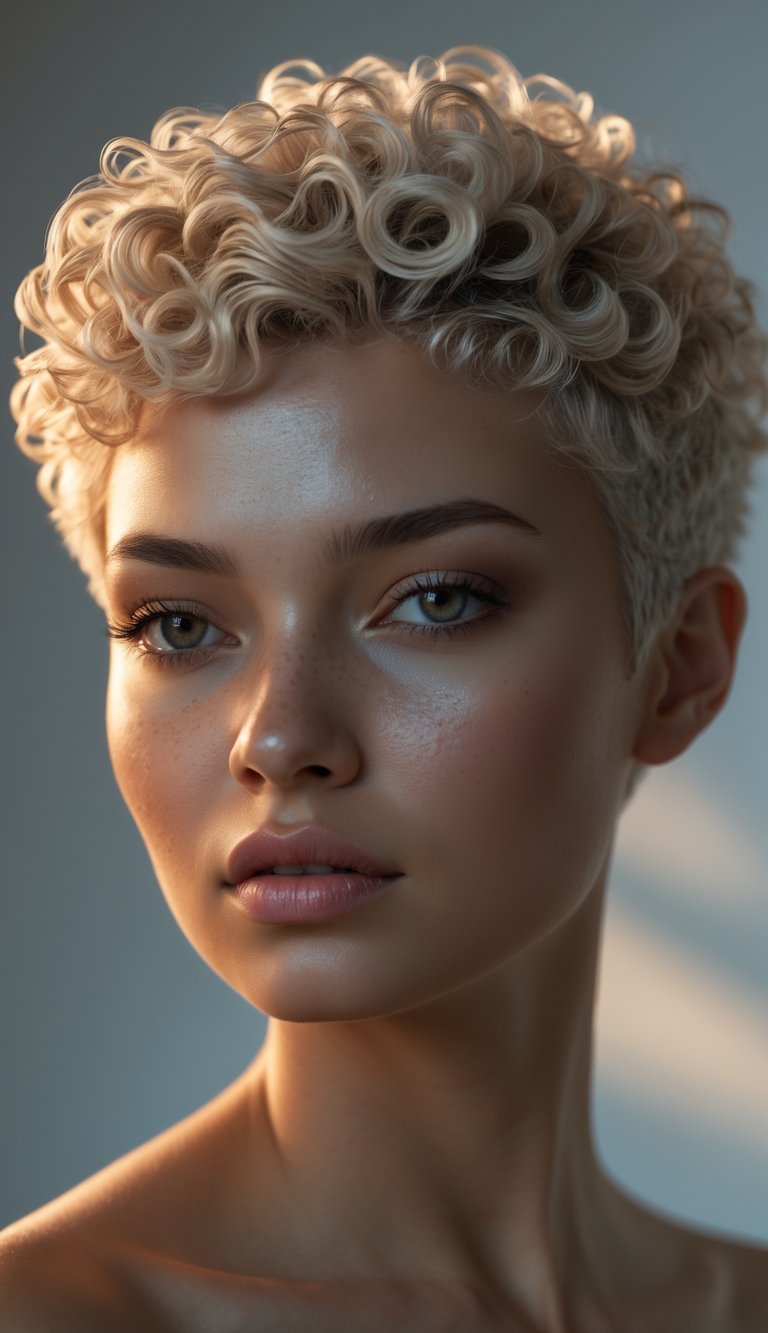 Portrait of a woman with short curly hair looking directly at the camera with a neutral expression.