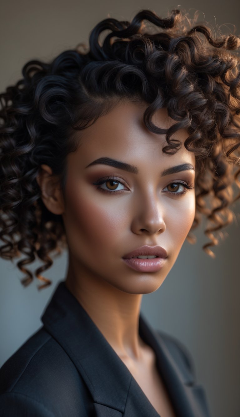 Close-up portrait of a woman with curly hair looking directly at the camera against a softly blurred background.