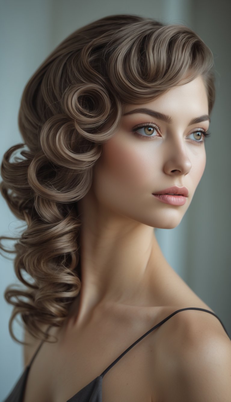 A close-up portrait of a woman with curly hair swept to one side, looking directly at the camera with a neutral expression.