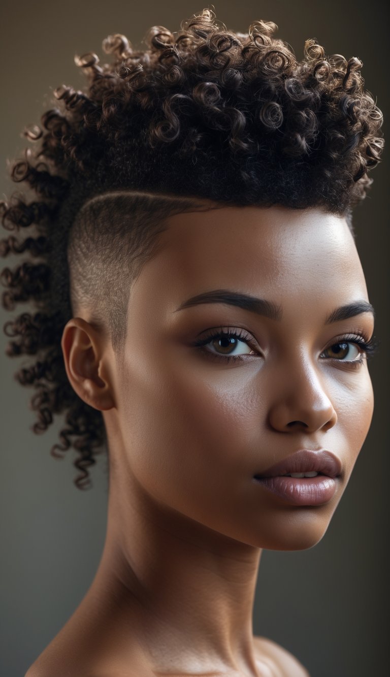 A close-up portrait of a woman with a curly mohawk fade hairstyle, looking directly at the camera with a neutral expression.