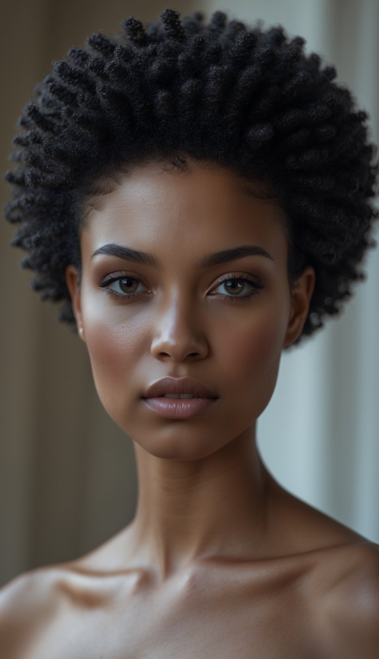 Portrait of a woman with curly hair and tapered sides looking directly at the camera.