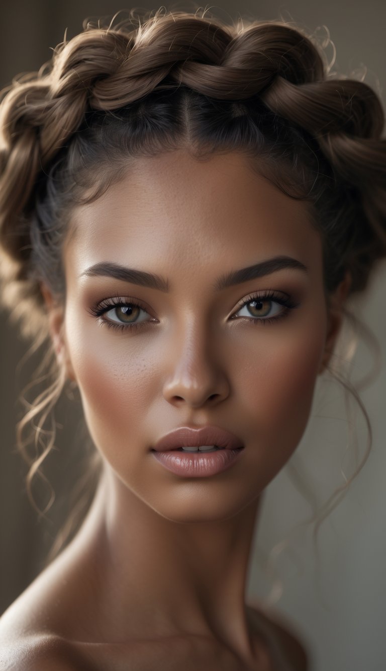 Portrait of a woman with curly hair styled in a crown braid, looking directly at the camera.