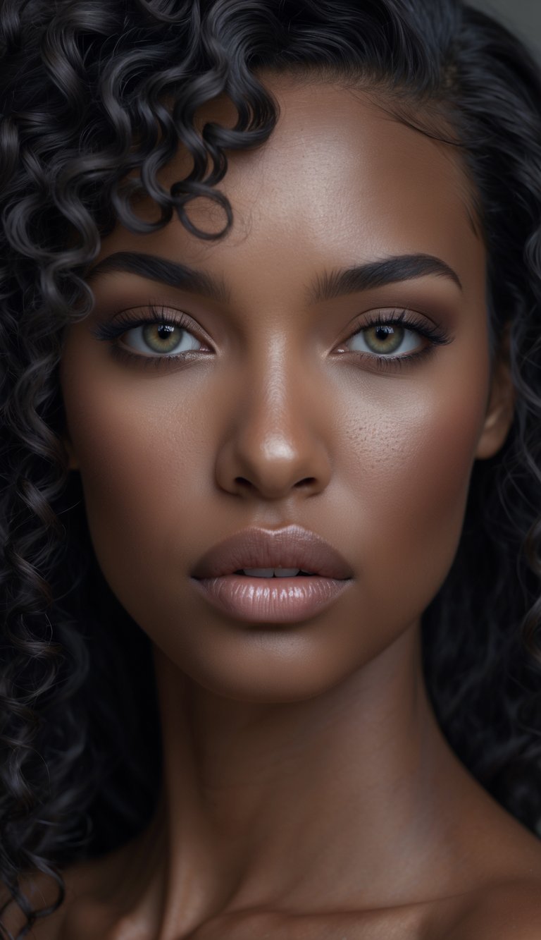 Portrait of a woman with curly hair and a deep side part, looking straight ahead with a neutral expression.