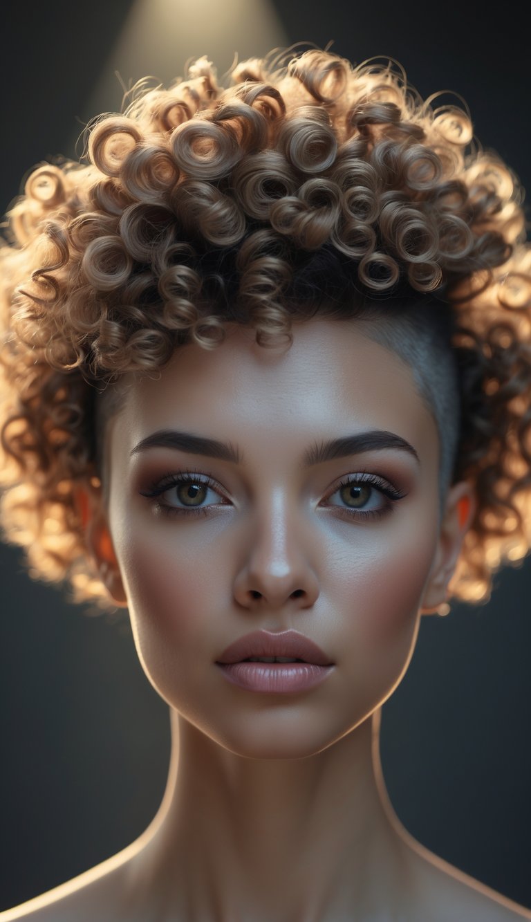 Portrait of a woman with curly hair styled in an undercut, looking directly at the camera with a neutral expression.