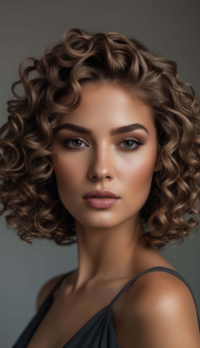 Portrait of a woman with a curly bob hairstyle, looking straight ahead with a neutral background.