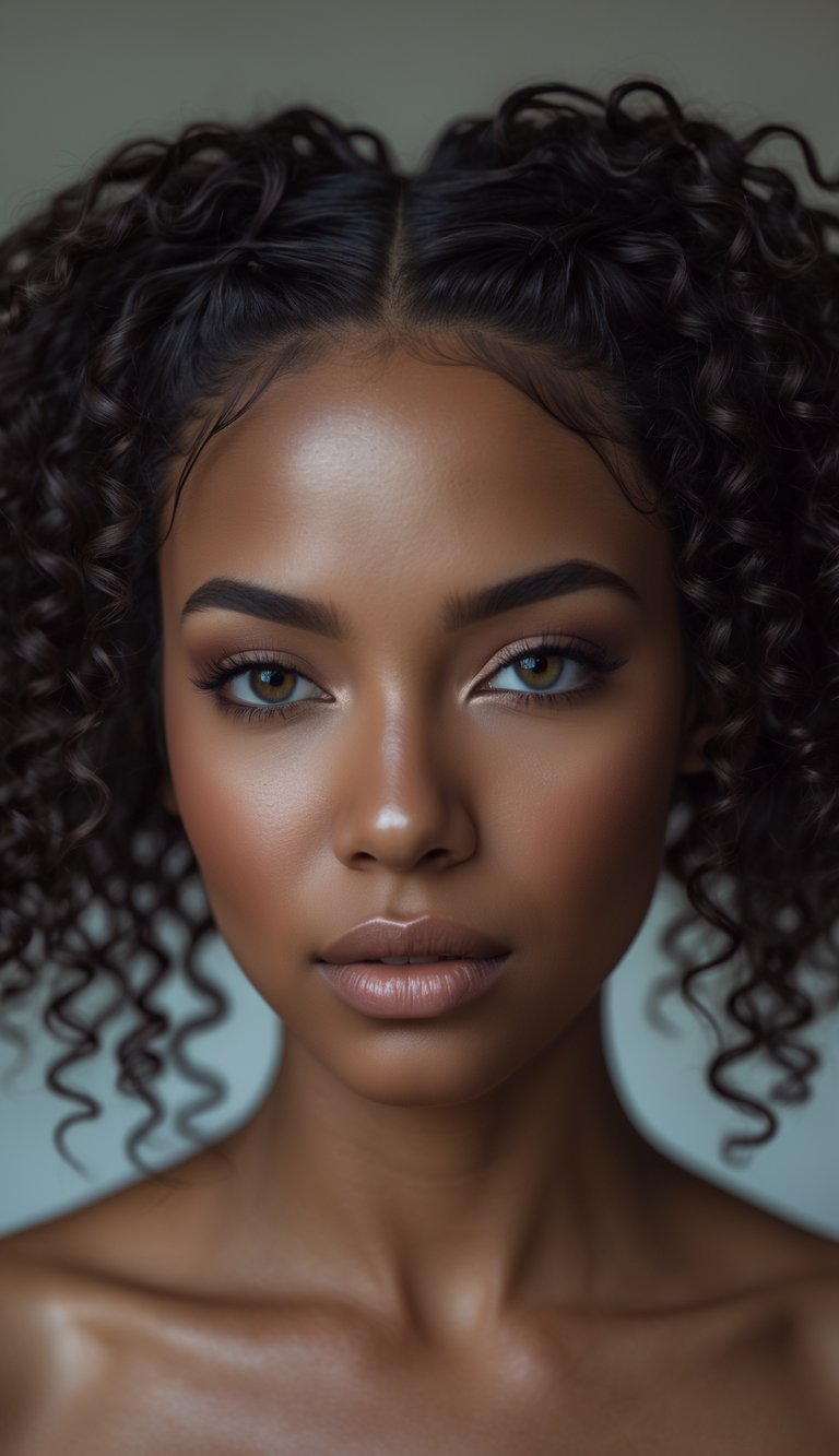 Portrait of a woman with curly hair parted in the middle, looking directly at the camera with a calm expression.