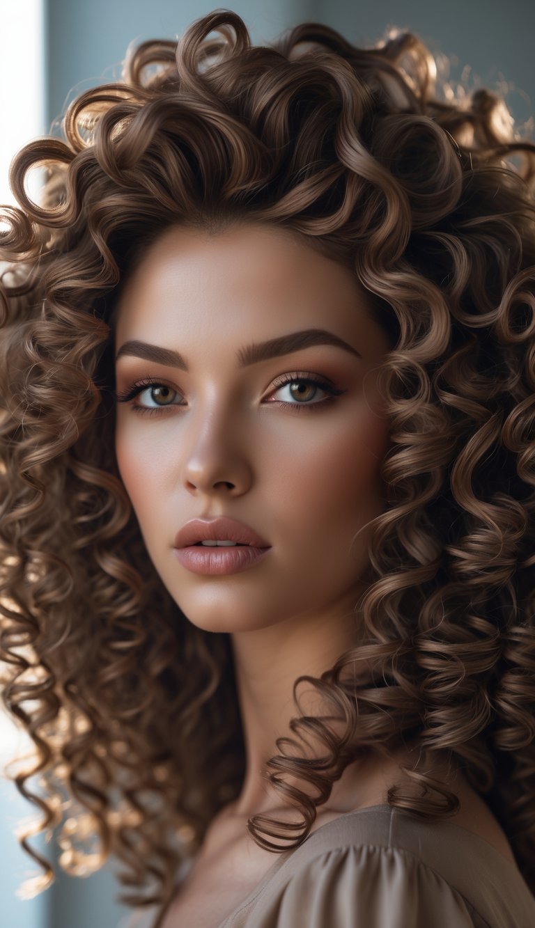 A portrait of a woman with curly hair styled in a mullet, looking directly at the camera with a neutral expression.