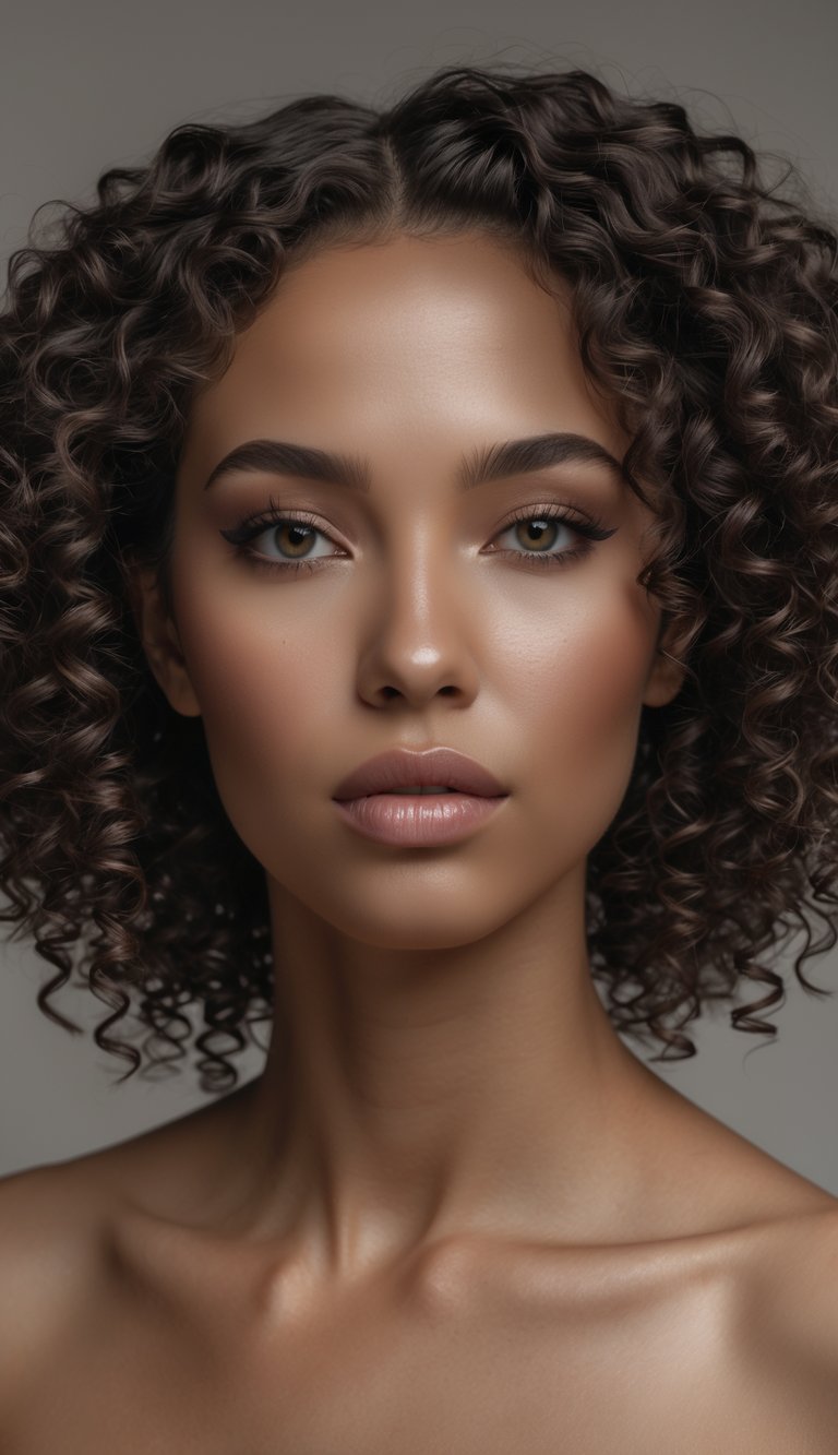 Portrait of a woman with curly hair styled with blunt ends, looking directly at the camera with a neutral background.