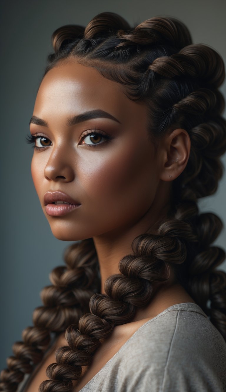 Portrait of a woman with curly fishtail braids looking directly at the camera against a blurred background.