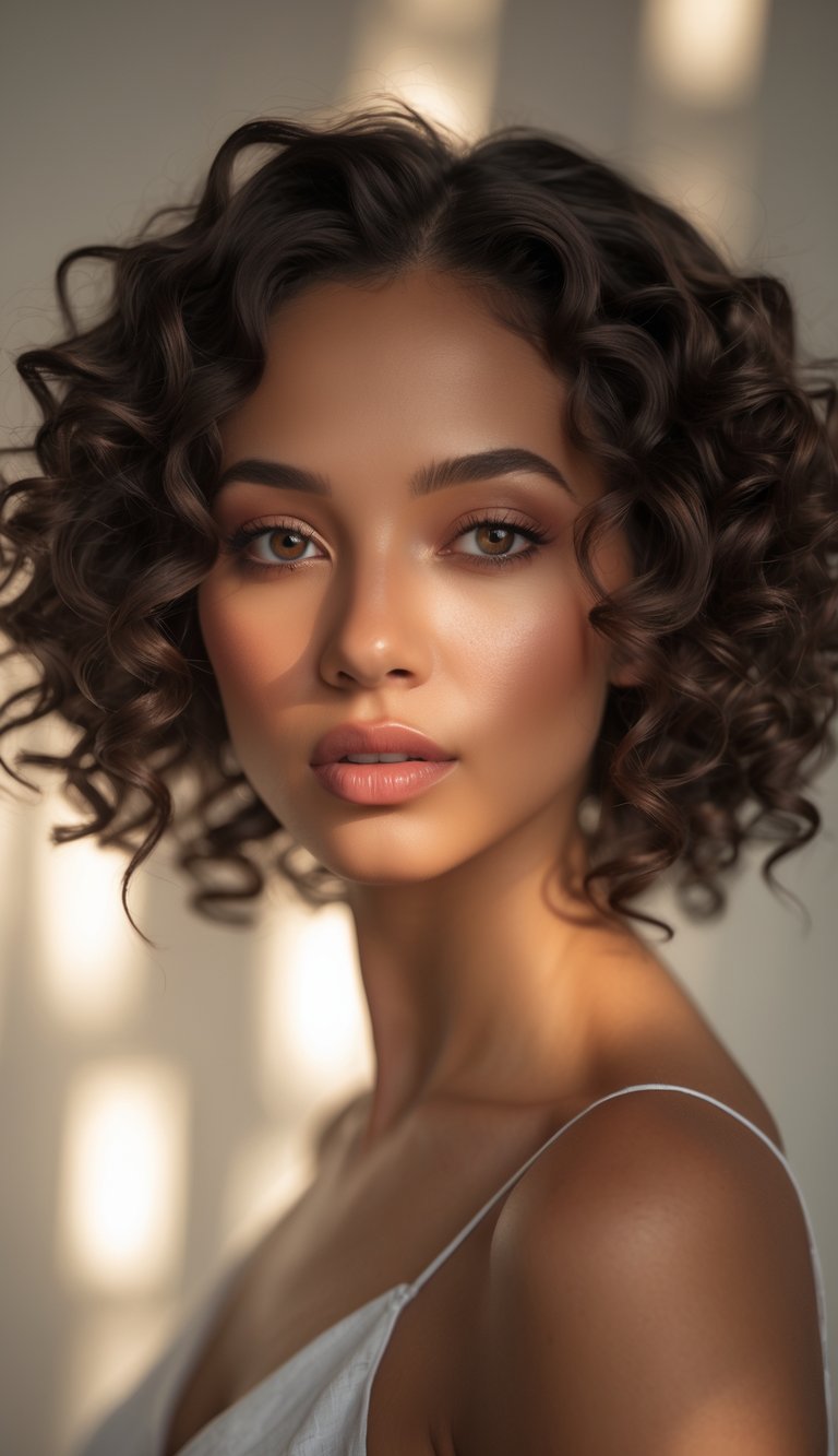 Portrait of a woman with curly hair and face-framing layers looking straight ahead with a neutral expression.