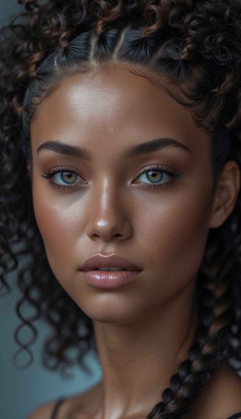 Portrait of a woman with curly hair styled in a half braided updo, looking straight ahead with a neutral expression.