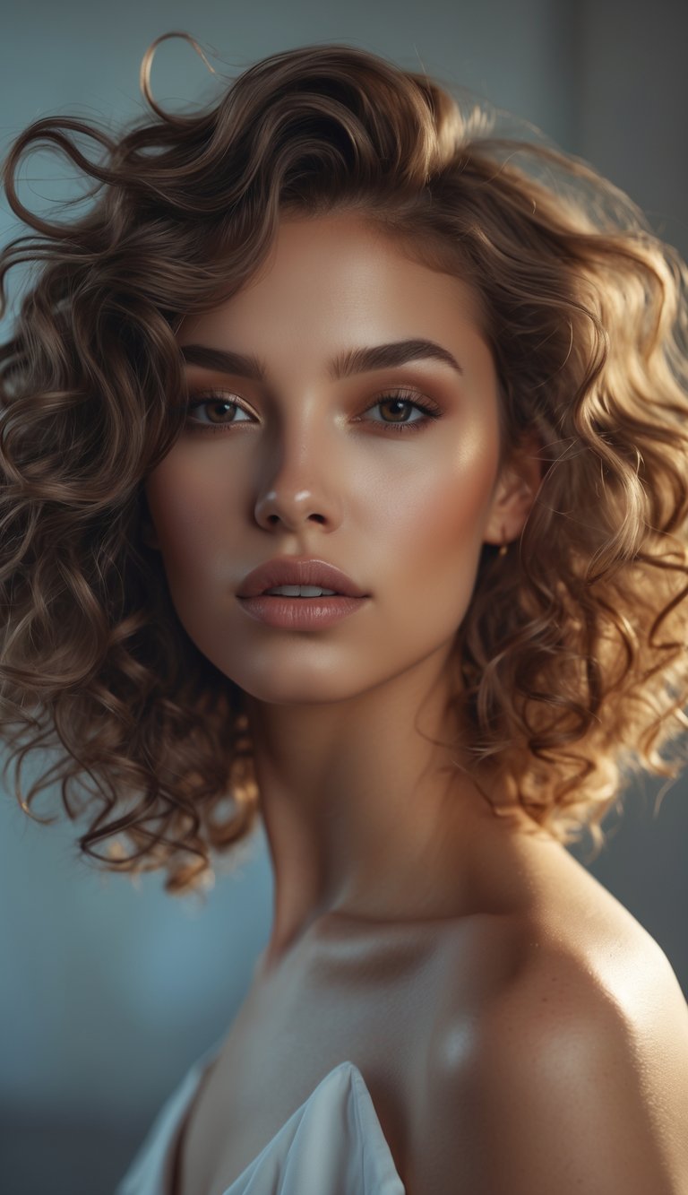 Portrait of a woman with curly lob hairstyle looking directly at the camera against a softly blurred background.
