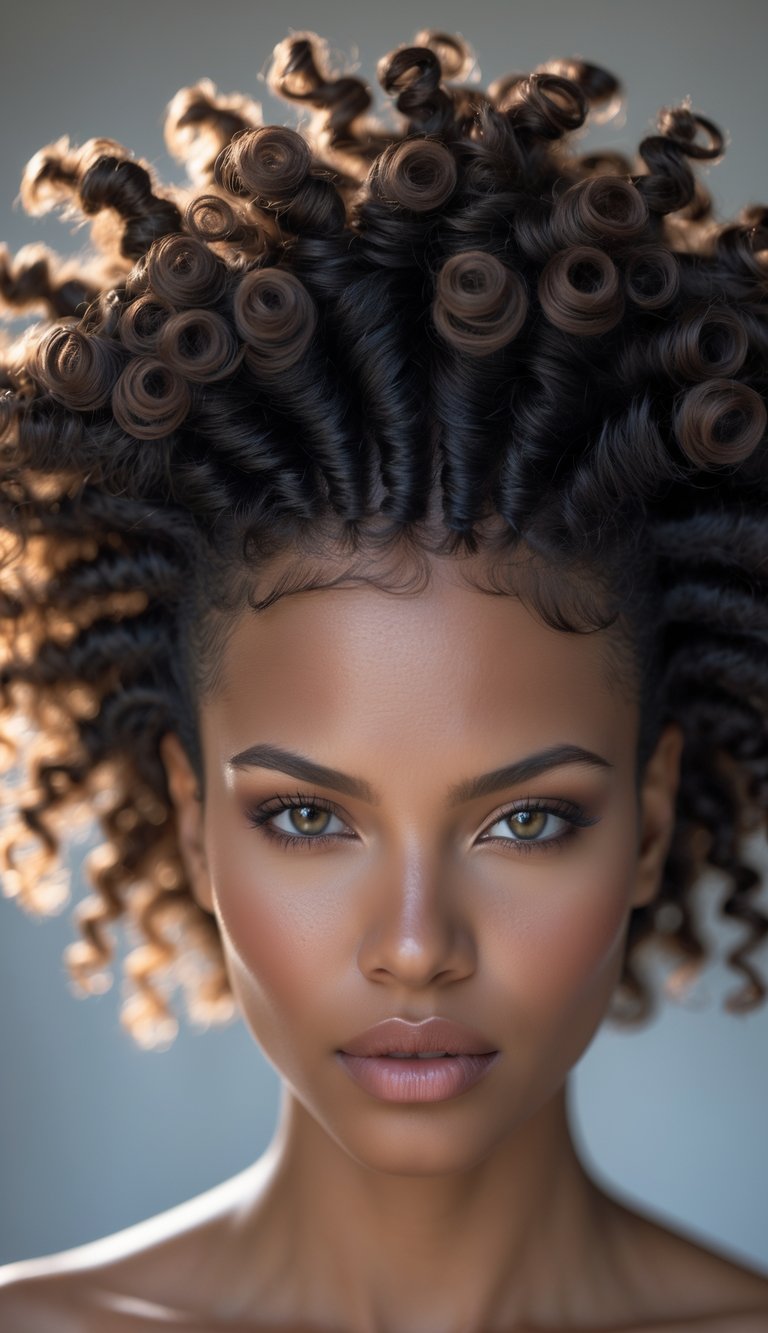 Portrait of a woman with a curly Frohawk hairstyle looking directly at the camera against a softly blurred background.