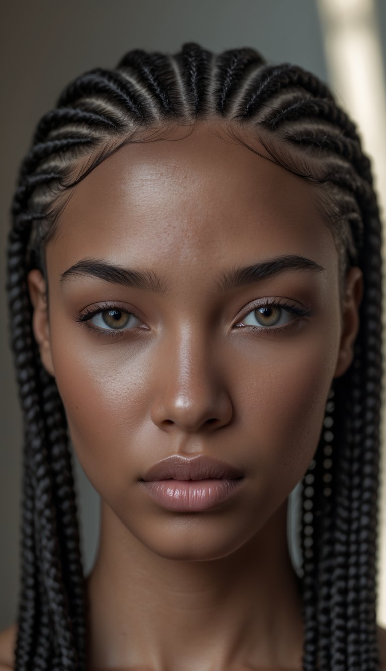 Close-up portrait of a person with straightback cornrows looking directly at the camera.