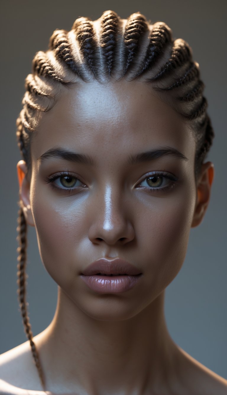 Portrait of a person with zigzag cornrow hairstyle, looking straight ahead with a neutral expression.