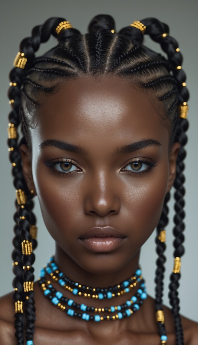 Portrait of a person with cornrow braids decorated with beads, looking directly at the camera.