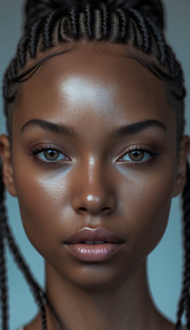 Portrait of a person with neatly braided cornrow hairstyles and a symmetrical face, looking directly at the camera.