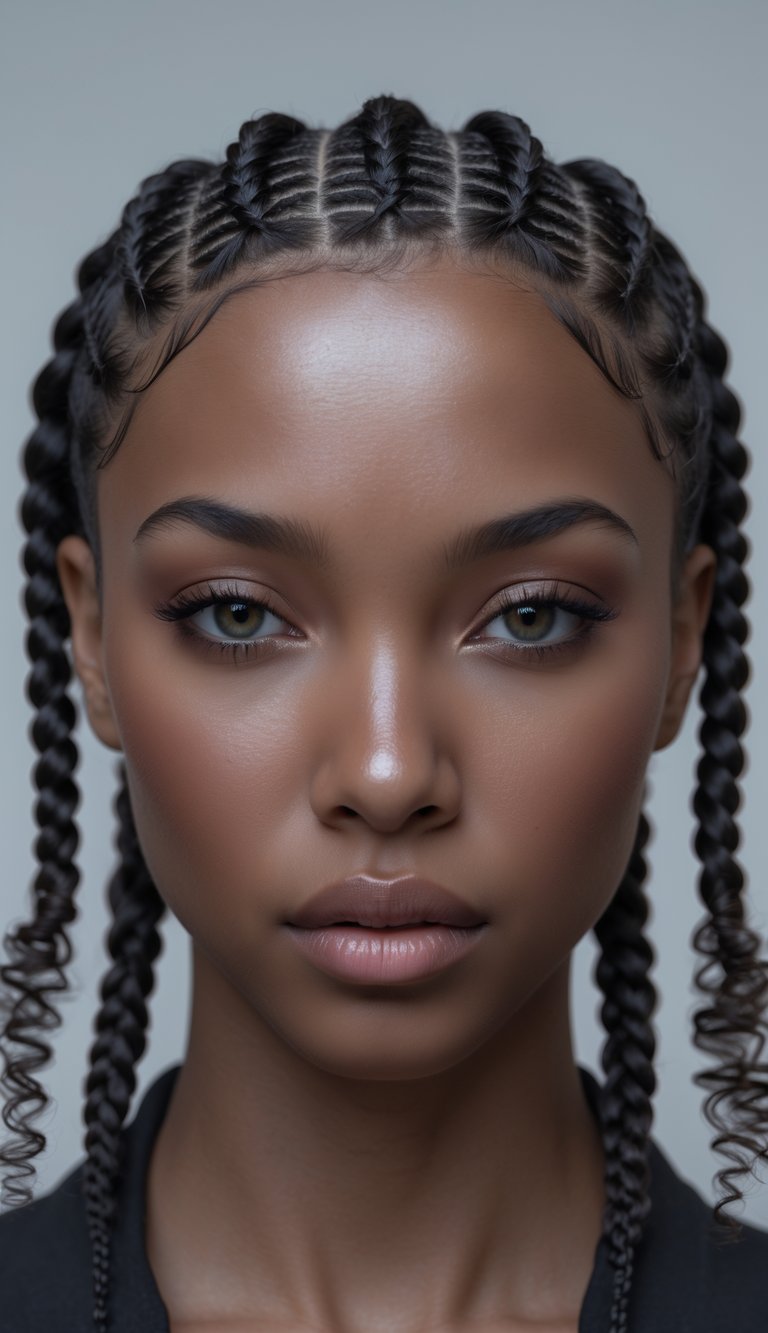 Close-up portrait of a person with cornrow braids ending in curls, looking directly at the camera with a neutral expression.