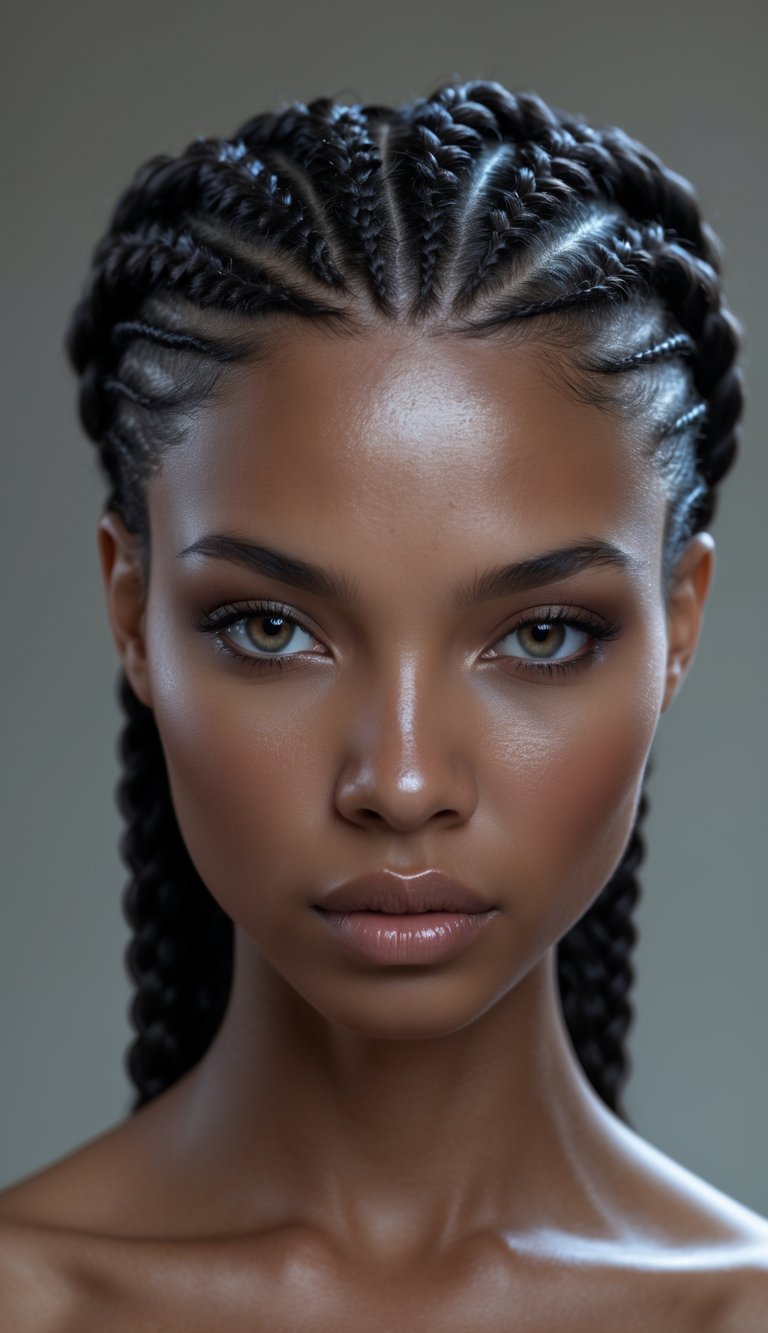 Portrait of a woman with neatly styled cornrow braids, looking directly at the camera with a calm expression.