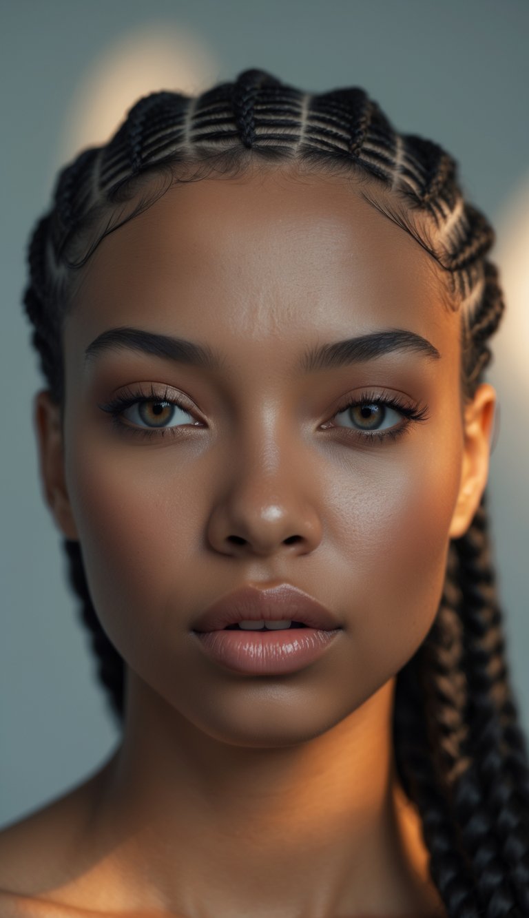 Portrait of a person with triangle pattern cornrow hairstyles looking directly at the camera.