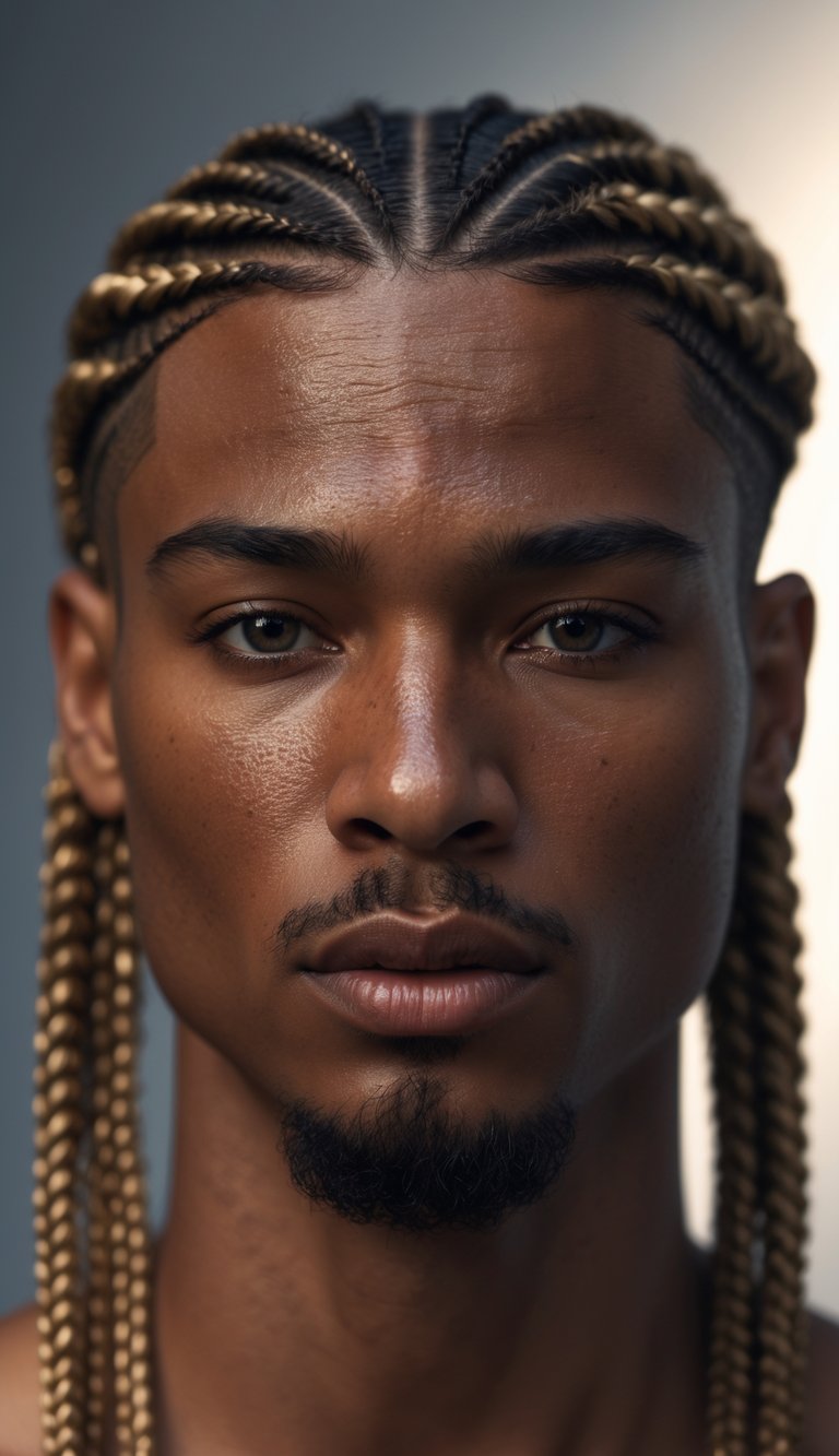 Portrait of a boxer with neatly braided cornrows, looking directly at the camera with a calm expression.