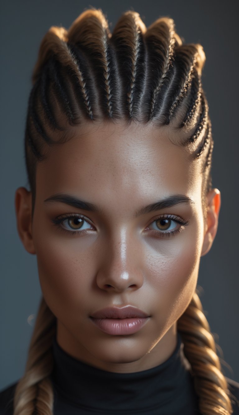 Close-up portrait of a person with a distinctive braided hairstyle, looking directly at the camera with a neutral expression.