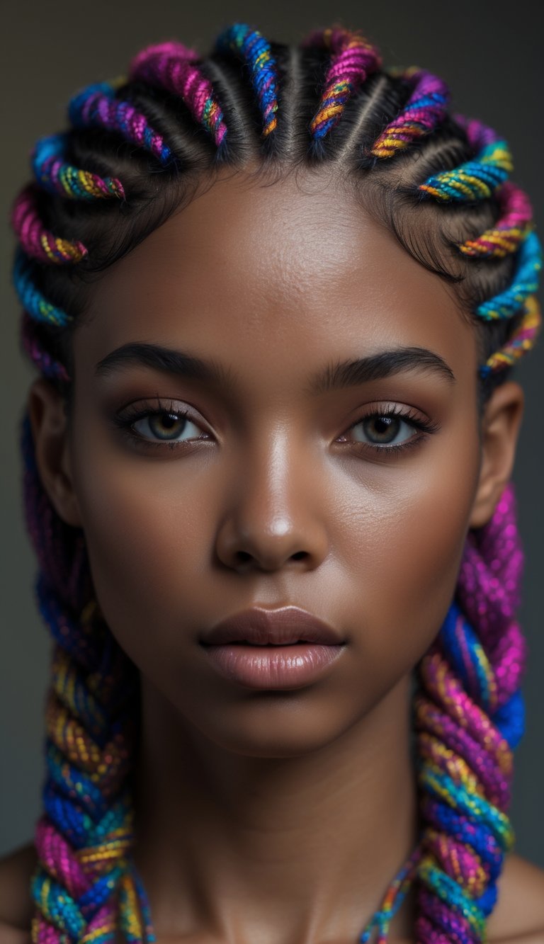 Portrait of a person with cornrow hairstyles braided with colorful threads, looking directly at the camera.