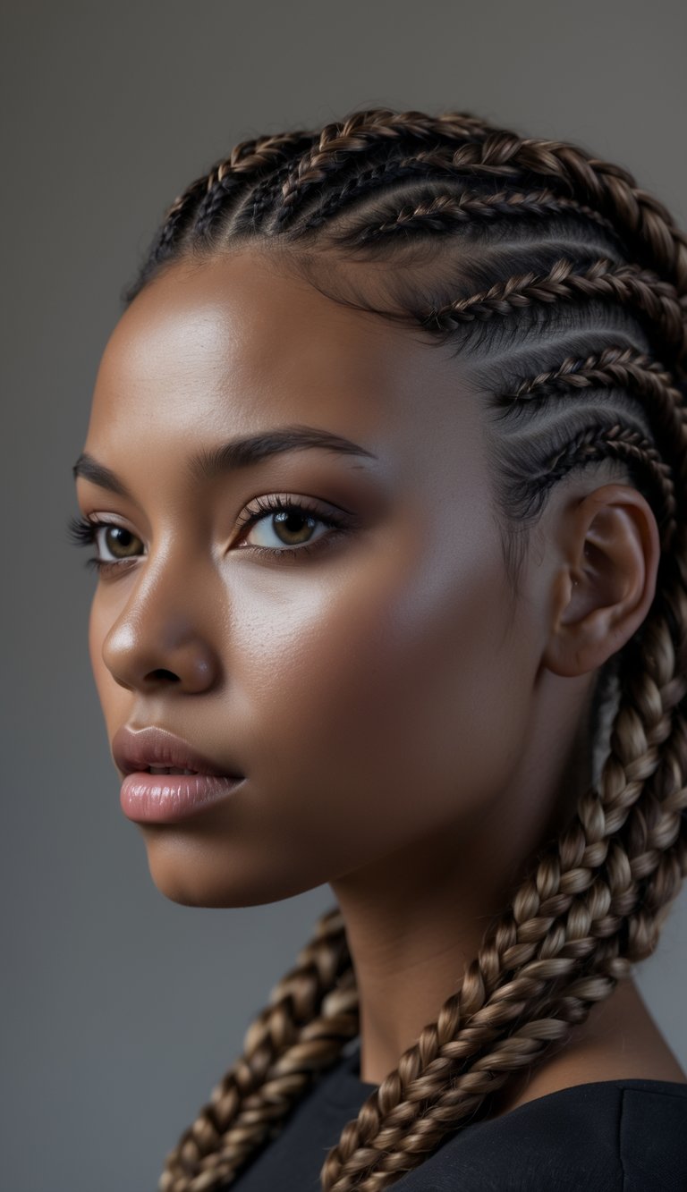 Portrait of a person with side-swept cornrows looking straight ahead with a neutral background.