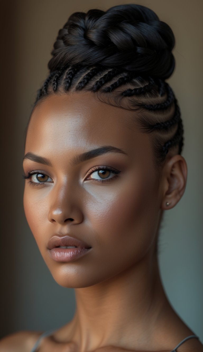 A close-up portrait of a woman with cornrow braids styled into a bun, looking directly at the camera.