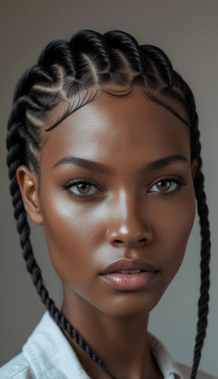 A close-up portrait of a person with a flat twist and cornrow hairstyle, looking directly at the camera.