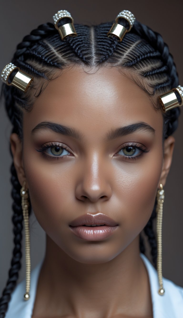 Portrait of a person with neatly braided cornrows decorated with hair cuffs, looking directly at the camera with clear eyes and natural skin.