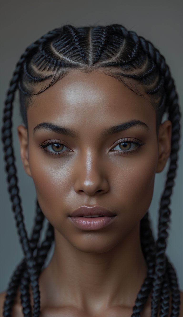 A close-up portrait of a person with diamond pattern cornrow hairstyles, looking directly at the camera.
