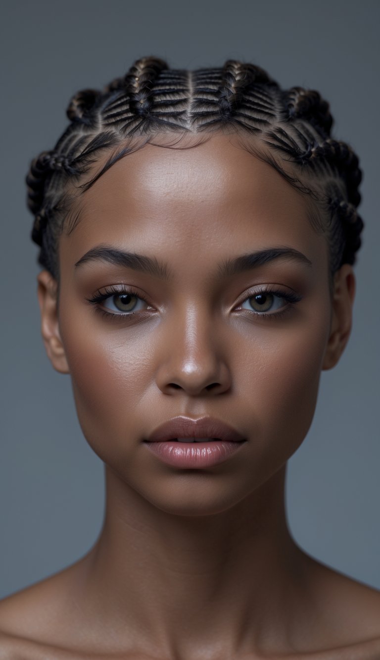 Portrait of a person with micro cornrow hairstyles looking directly at the camera.