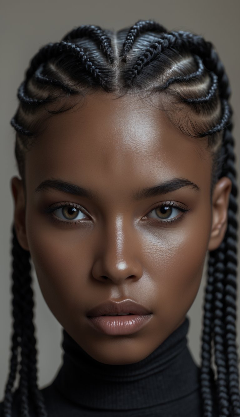 Portrait of a person with cornrow hairstyles looking directly at the camera against a plain background.