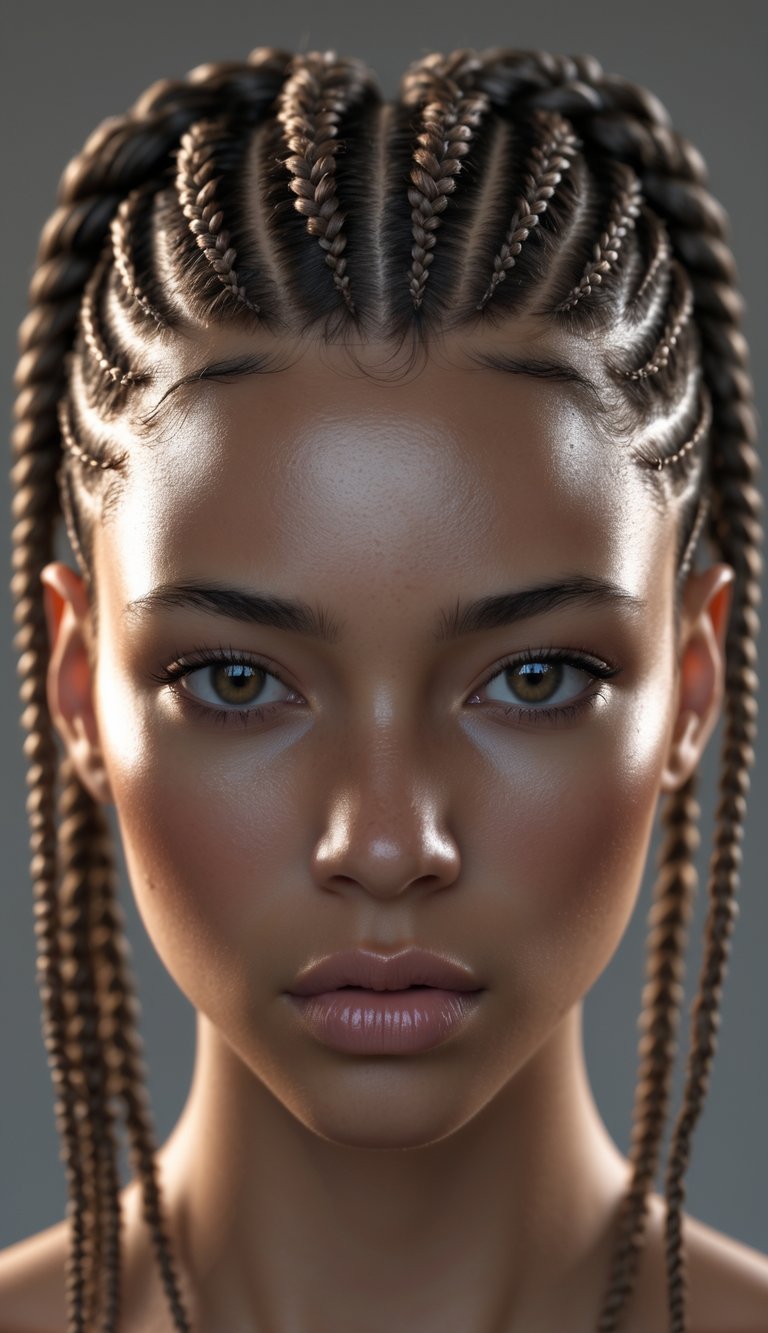 Portrait of a person with cornrow braids and an undercut hairstyle, looking directly at the camera.