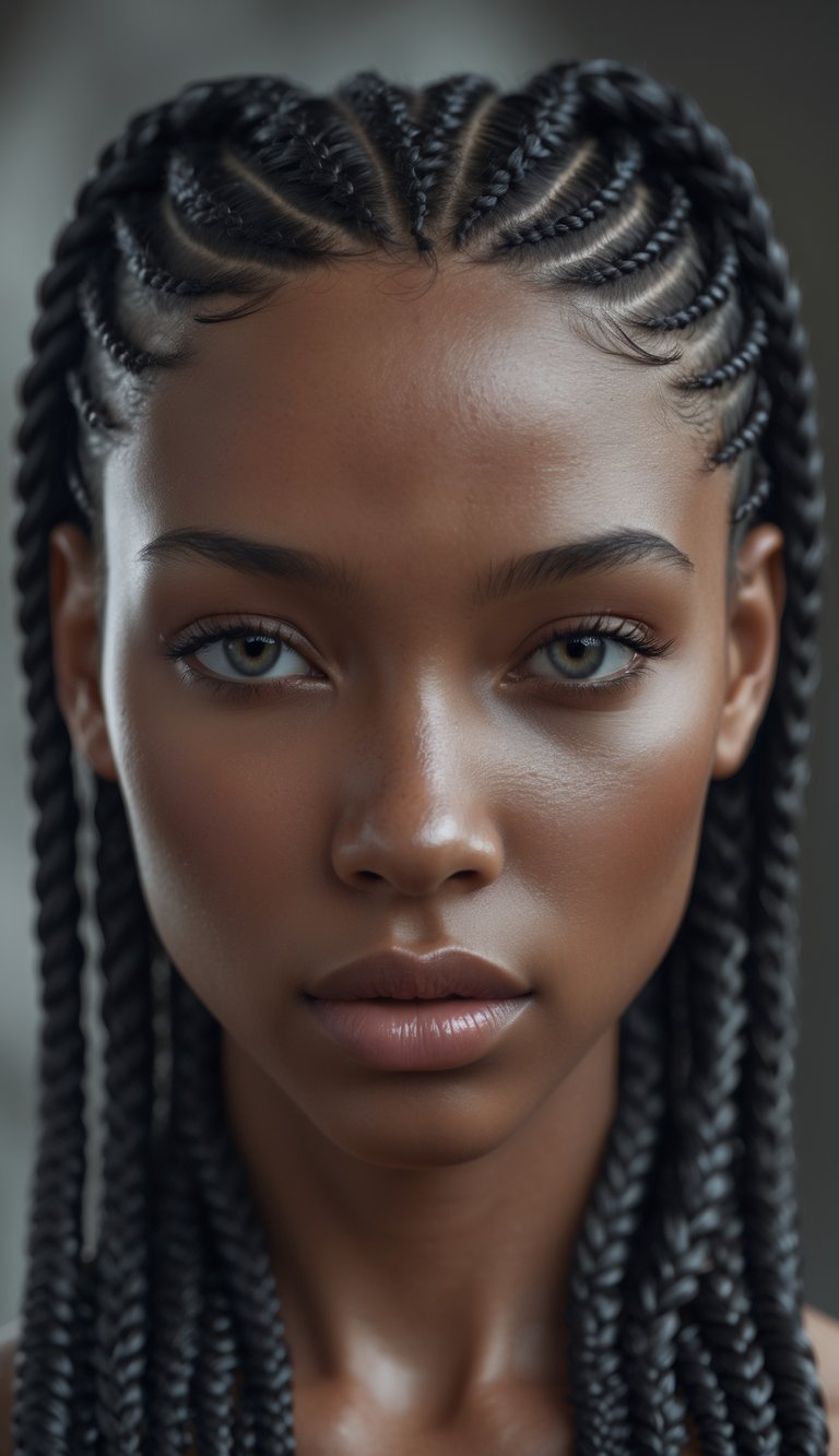 Portrait of a person with double rows of cornrow braids, looking directly at the camera with a neutral expression.