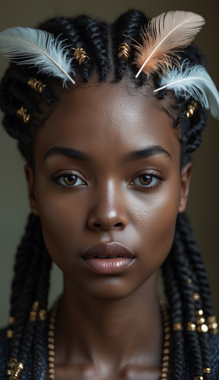 A close-up portrait of a person with cornrows decorated with feathers, looking directly at the camera.