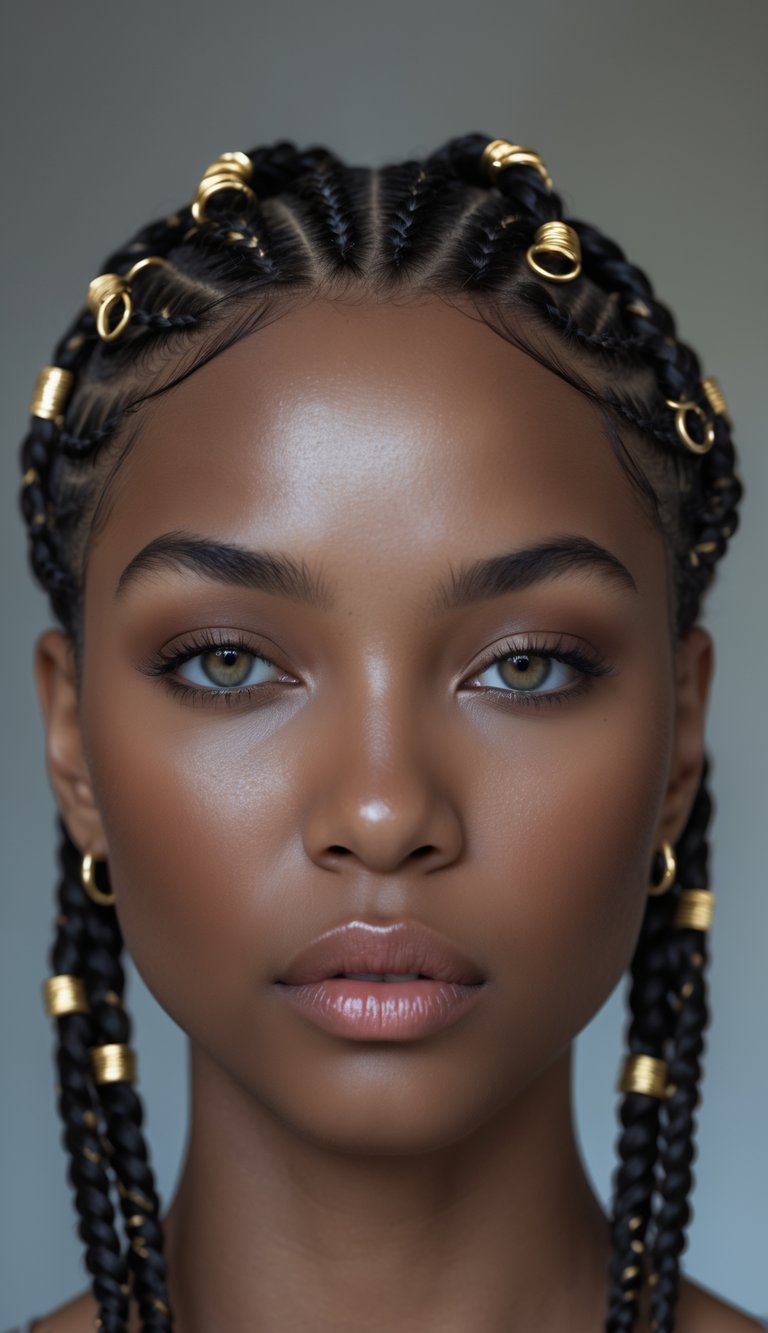 Portrait of a person with cornrow braids decorated with gold rings, looking directly at the camera.
