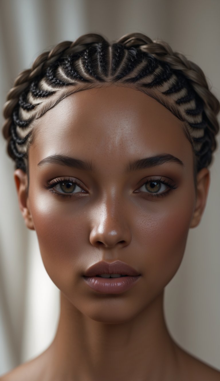 Portrait of a person with cornrow braids styled in a crown around their head, looking straight ahead with a neutral expression.