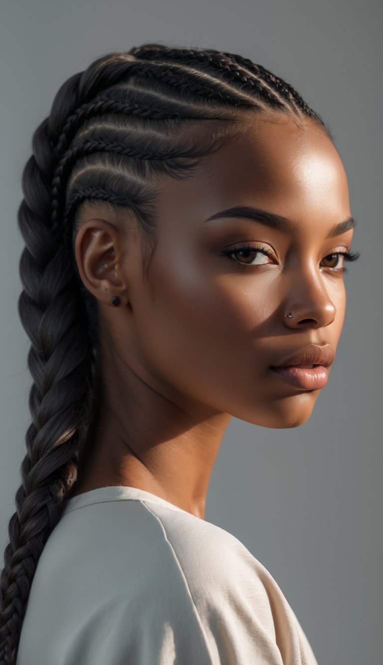 Portrait of a person with cornrows styled into a braided ponytail, looking straight at the camera.