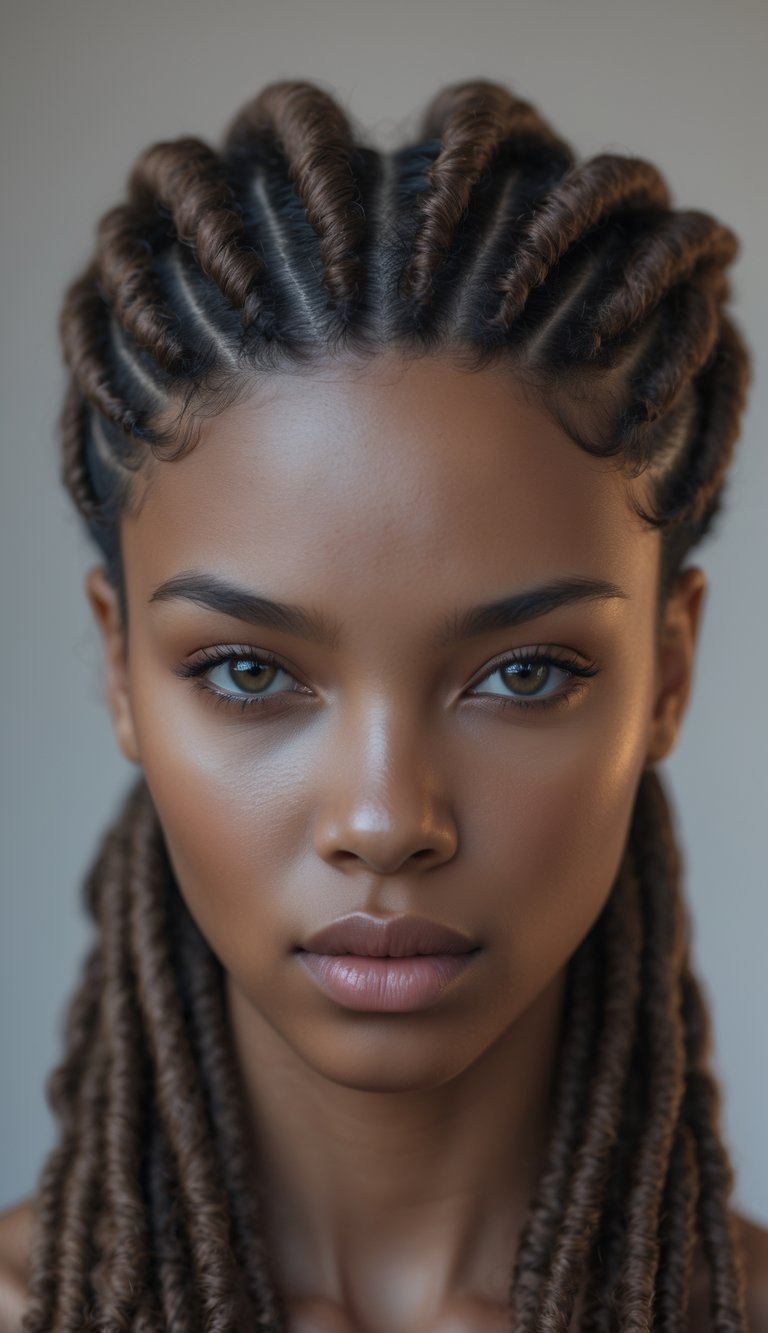 Portrait of a person with cornrows styled into faux locs, looking directly at the camera with a neutral expression.