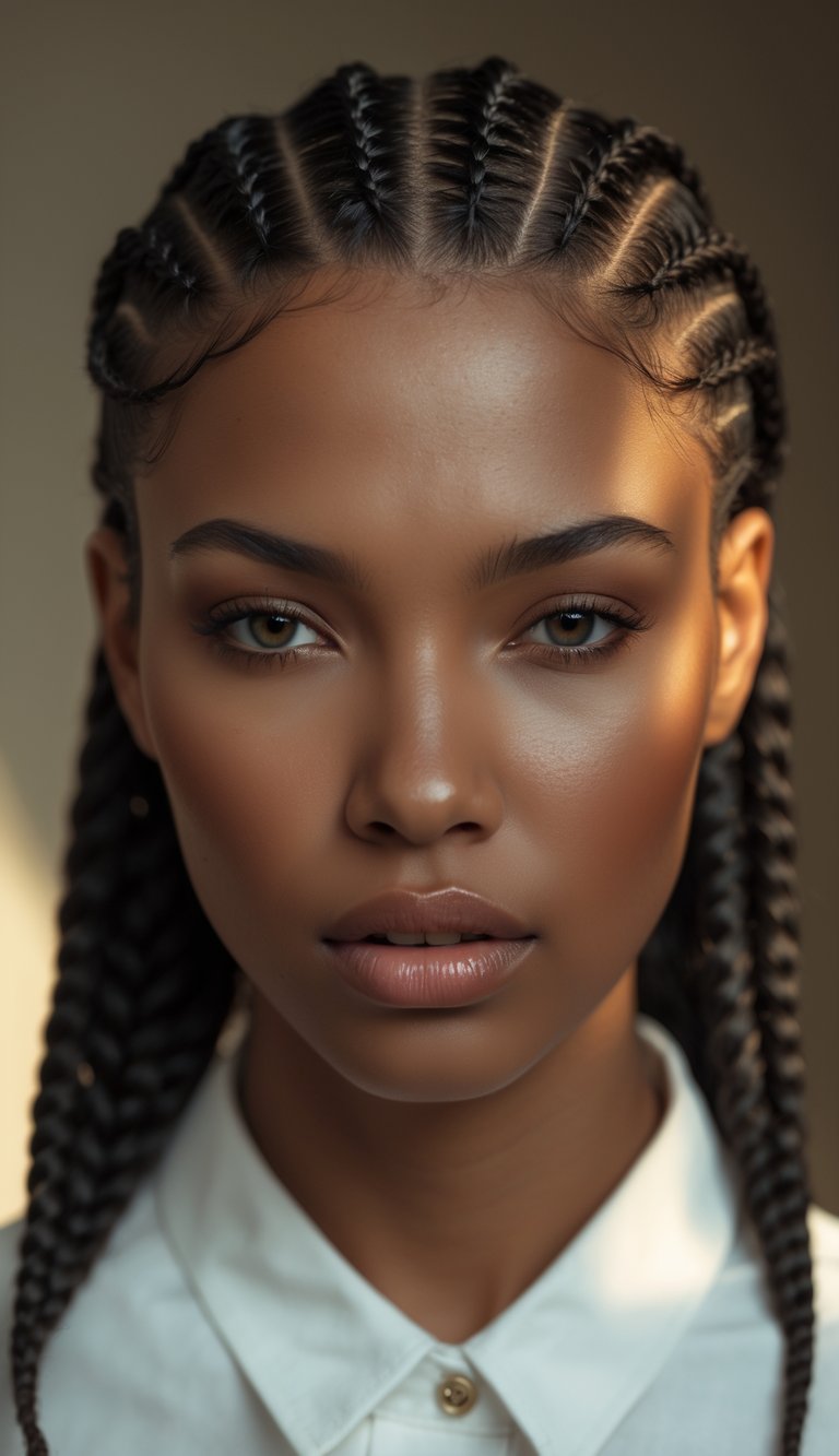 Portrait of a person with fishtail cornrows hairstyle looking directly at the camera against a blurred background.