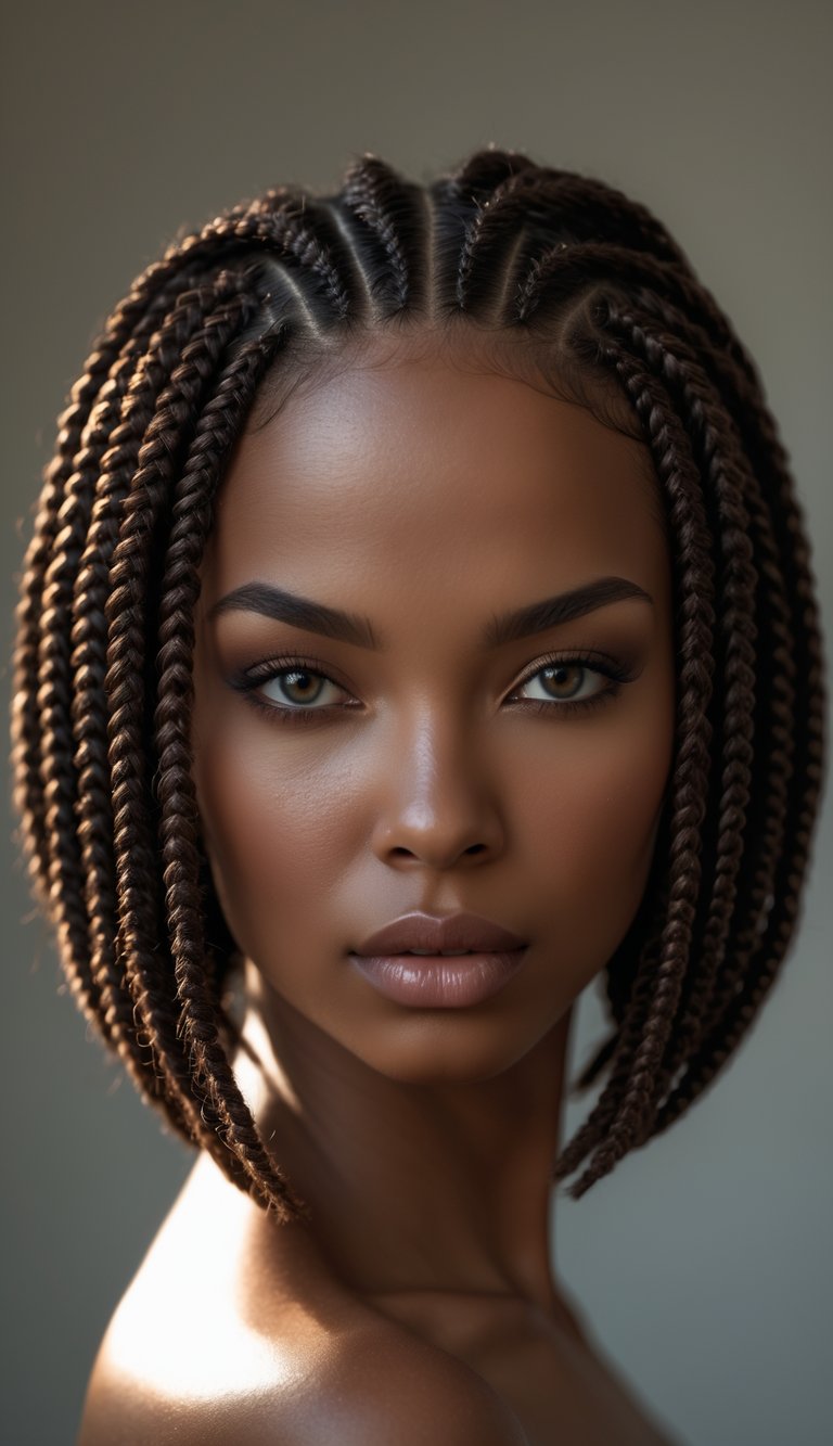 A close-up portrait of a woman with a cornrow bob hairstyle, looking directly at the camera.