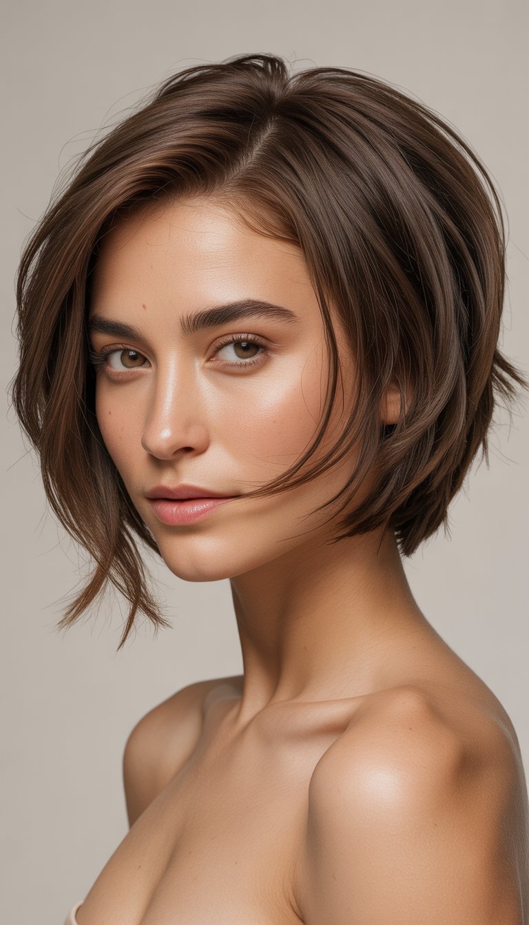 A woman with a choppy bob haircut parted to the side, shown from the shoulders up against a plain background.