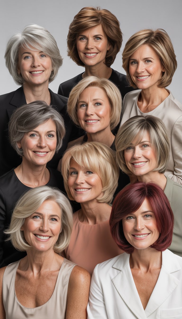 A group of women over 50 with different bob hairstyles standing together in a studio setting.
