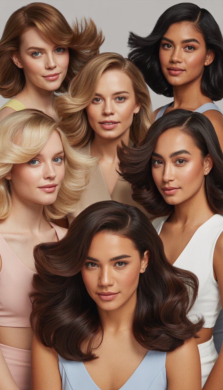 A group of women with voluminous blowout hairstyles posing together in a studio.