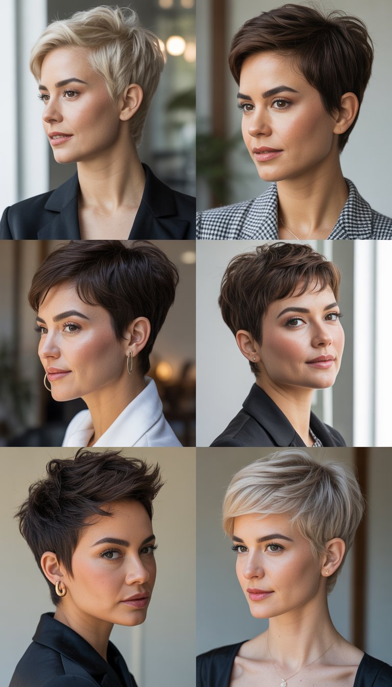 A group of women with short textured haircuts posing together in a studio with a plain background.