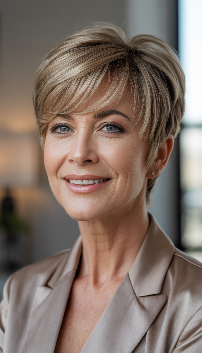 A mature woman smiling with short hair and side bangs, wearing a professional outfit against a softly blurred background.